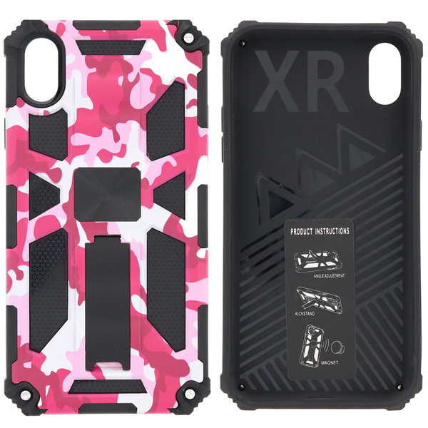 Ntech Hoesje Geschikt voor iPhone XR Hoesje - Rugged Extreme Backcover Camouflage met Kickstand - Pink