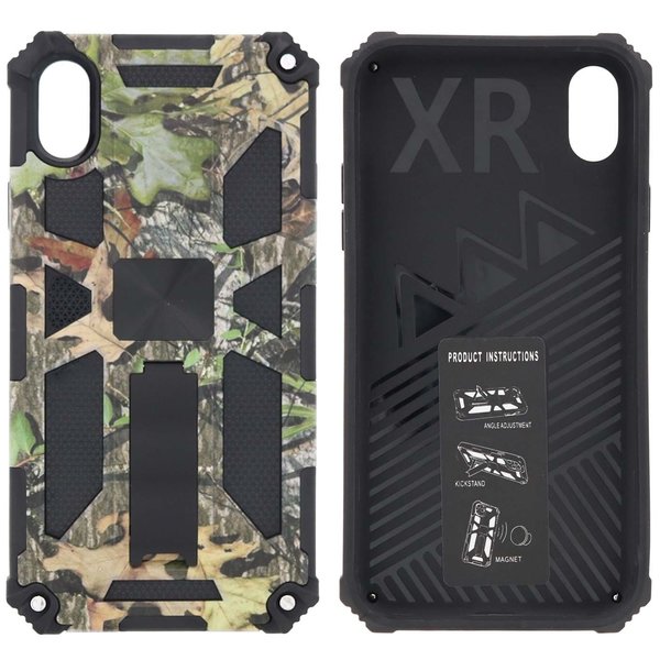 Ntech Hoesje Geschikt voor iPhone XR Hoesje - Rugged Extreme Backcover Blaadjes Camouflage met Kickstand - Groen
