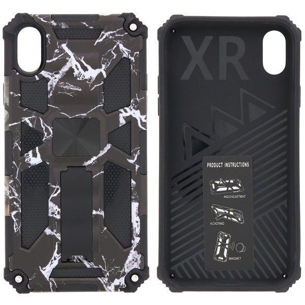 Ntech Hoesje Geschikt voor iPhone XR Hoesje - Rugged Extreme Backcover Marmer met Kickstand – Zwart