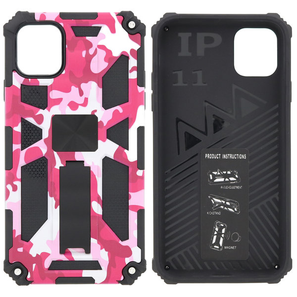 Ntech Hoesje Geschikt voor iPhone 11 Hoesje - Rugged Extreme Backcover Camouflage met Kickstand - Pink