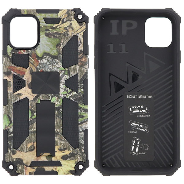 Ntech Hoesje Geschikt voor iPhone 11 Hoesje - Rugged Extreme Backcover Blaadjes Camouflage met Kickstand - Groen