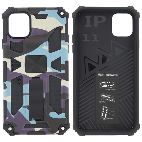 Ntech Hoesje Geschikt voor iPhone 11 Hoesje - Rugged Extreme Backcover Camouflage met Kickstand – Paars