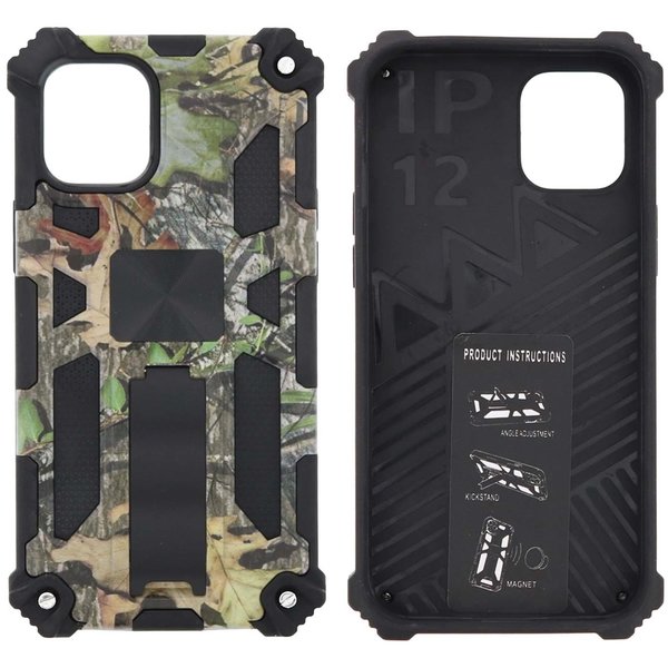 Ntech Hoesje Geschikt voor iPhone 12 Mini Hoesje - Rugged Extreme Backcover Blaadjes Camouflage met Kickstand - Groen