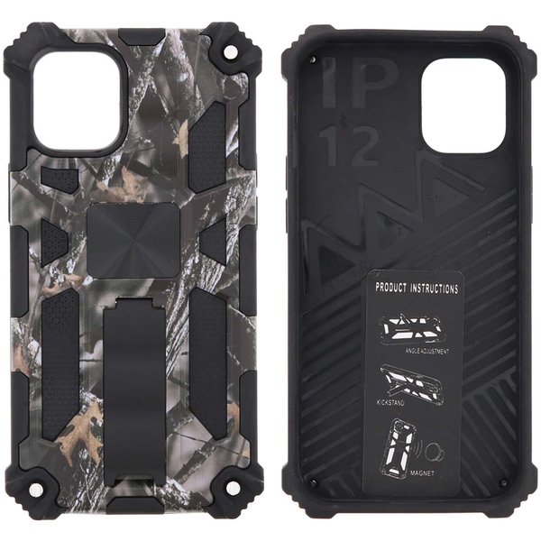 Ntech Hoesje Geschikt voor iPhone 12 Mini Hoesje - Rugged Extreme Backcover Takjes Camouflage met Kickstand - Grijs