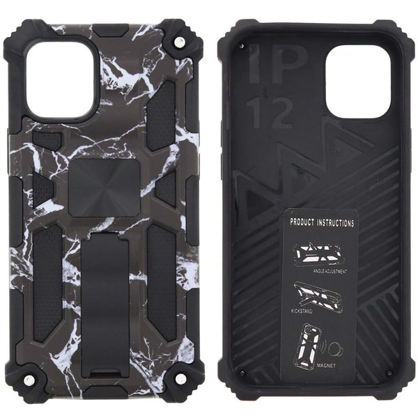 Ntech Hoesje Geschikt voor iPhone 12 Mini Hoesje - Rugged Extreme Backcover Marmer Camouflage met Kickstand - Zwart