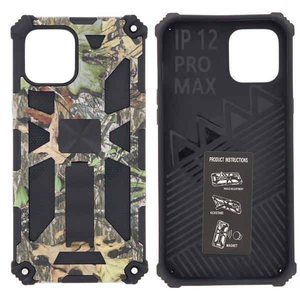 Ntech Hoesje Geschikt voor iPhone 12 Pro Max Hoesje - Rugged Extreme Backcover Blaadjes Camouflage met Kickstand - Groen