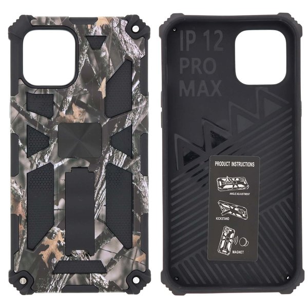 Ntech Hoesje Geschikt voor iPhone 12 Pro Max Hoesje - Rugged Extreme Backcover Takjes Camouflage met Kickstand - Grijs