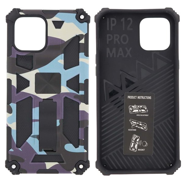 Ntech Hoesje Geschikt voor iPhone 12 Pro Max Hoesje - Rugged Extreme Backcover Camouflage met Kickstand - Paars