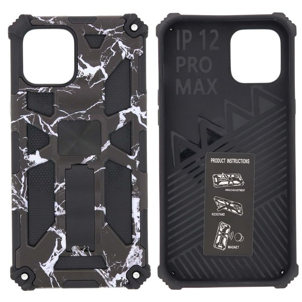 Ntech Hoesje Geschikt voor iPhone 12 Pro Max Hoesje - Rugged Extreme Backcover Marmer Camouflage met Kickstand - Zwart