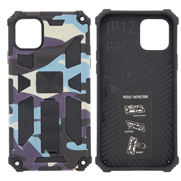 Ntech Hoesje Geschikt voor iPhone 12 (Pro) Hoesje - Rugged Extreme Backcover Camouflage met Kickstand - Paars