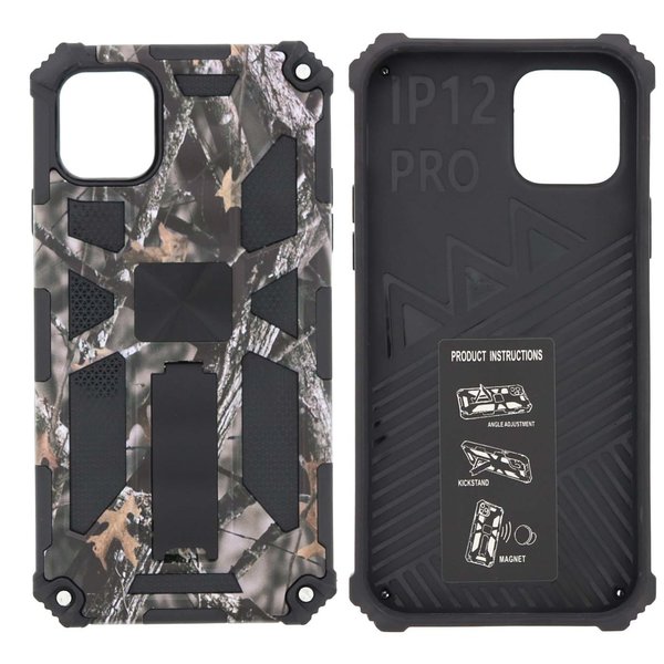 Ntech Hoesje Geschikt voor iPhone 12 (Pro) Hoesje - Rugged Extreme Backcover Takjes Camouflage met Kickstand - Grijs