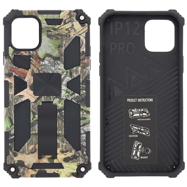 Ntech Hoesje Geschikt voor iPhone 12 (Pro) Hoesje - Rugged Extreme Backcover Blaadjes Camouflage met Kickstand - Groen