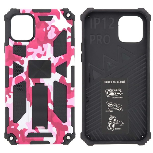 Ntech Hoesje Geschikt voor iPhone 12 (Pro) Hoesje - Rugged Extreme Backcover Camouflage met Kickstand - Pink