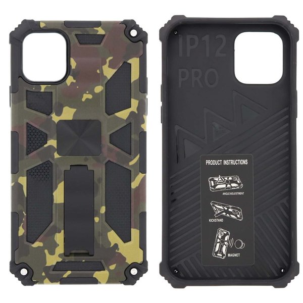 Ntech Hoesje Geschikt voor iPhone 12 (Pro) Hoesje - Rugged Extreme Backcover Army Camouflage met Kickstand - Groen