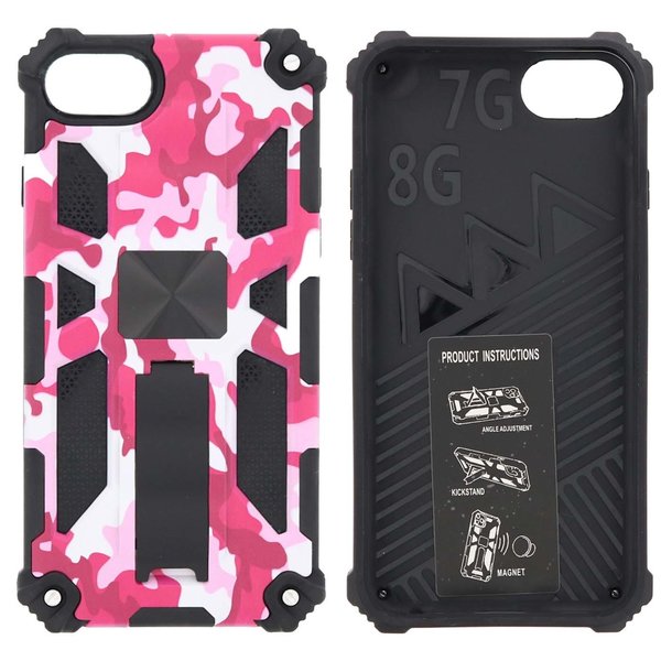 Ntech Hoesje Geschikt voor iPhone 8 Hoesje - Rugged Extreme Backcover Camouflage met Kickstand - Pink