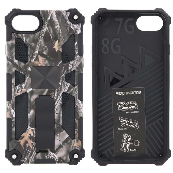 Ntech Hoesje Geschikt voor iPhone 8 Hoesje - Rugged Extreme Backcover Takjes Camouflage met Kickstand - Grijs