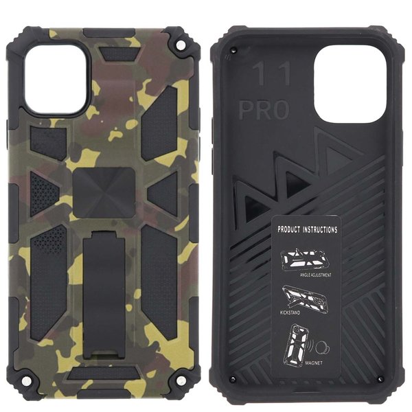 Ntech Hoesje Geschikt voor iPhone 11 Pro Hoesje - Rugged Extreme Backcover Army Camouflage met Kickstand - Groen
