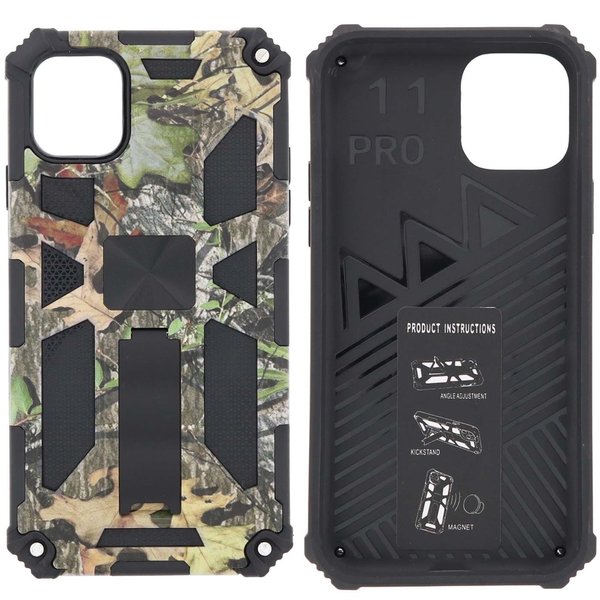 Ntech Hoesje Geschikt voor iPhone 11 Pro Hoesje - Rugged Extreme Backcover Blaadjes Camouflage met Kickstand - Groen