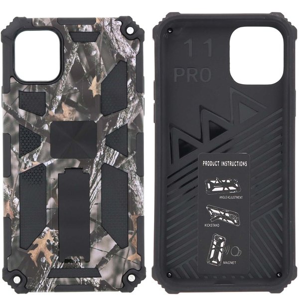 Ntech Hoesje Geschikt voor iPhone 11 Pro Hoesje - Rugged Extreme Backcover Takjes Camouflage met Kickstand - Grijs