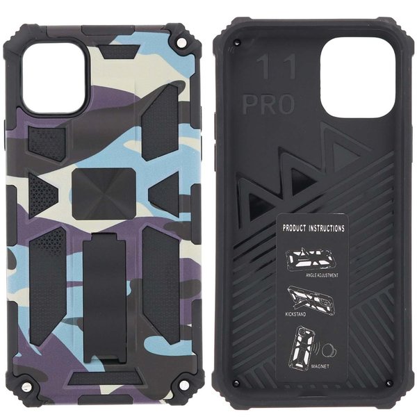 Ntech Hoesje Geschikt voor iPhone 11 Pro Hoesje - Rugged Extreme Backcover Camouflage met Kickstand - Paars