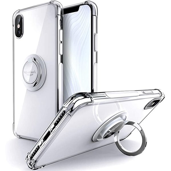 Ntech Hoesje Geschikt voor iPhone XR hoesje silicone met ringhouder Back Cover case - Transparant/Zilver