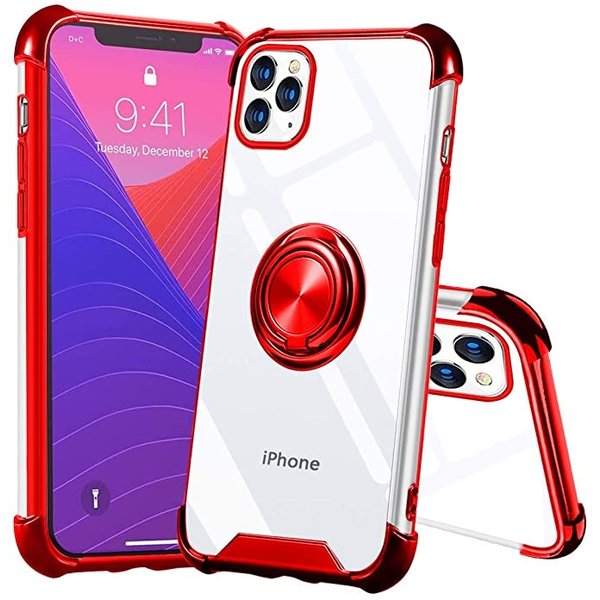 Ntech Hoesje Geschikt voor iPhone 11 Pro Max hoesje silicone met ringhouder Back Cover case - Transparant/Rood