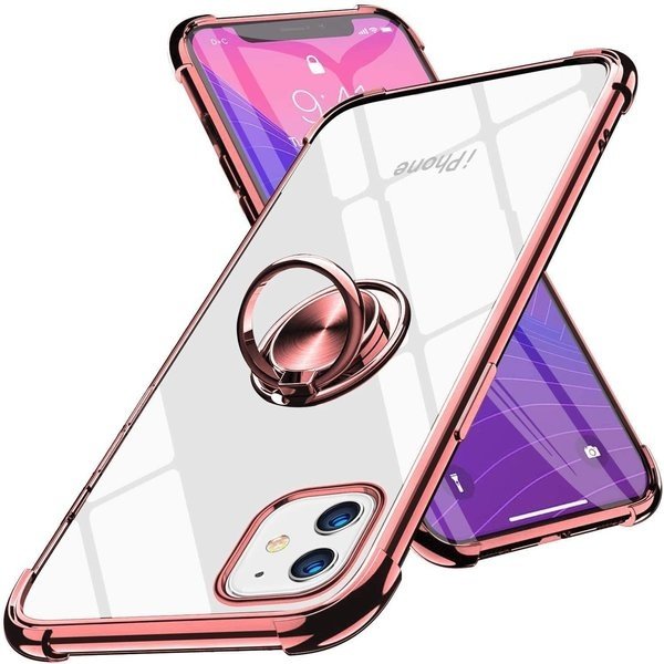 Ntech Hoesje Geschikt voor iPhone 12 Mini hoesje silicone met ringhouder Back Cover case – Transparant/Rosegoud
