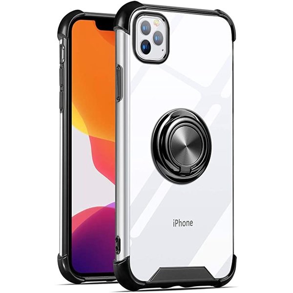 Ntech Hoesje Geschikt voor iPhone 11 Pro Max hoesje silicone met ringhouder Back Cover case - Transparant/Zwart