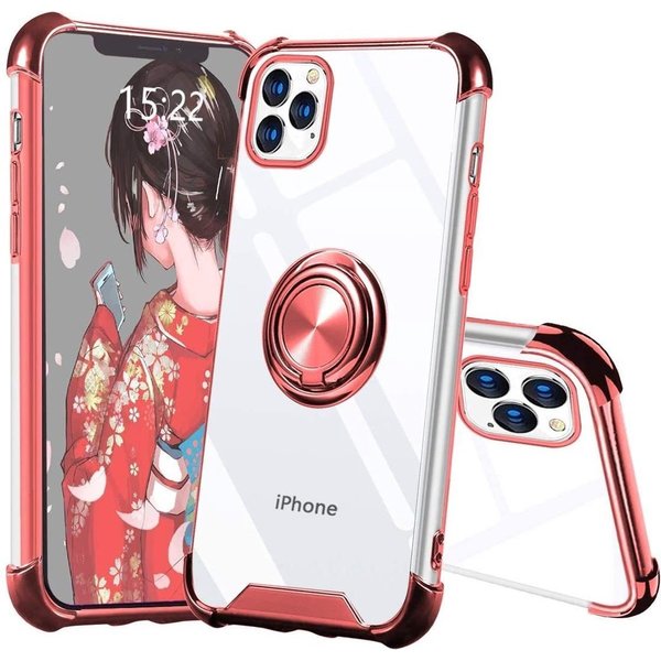 Ntech Hoesje Geschikt voor iPhone 12 Pro Max hoesje silicone met ringhouder Back Cover case – Transparant/Rosegoud