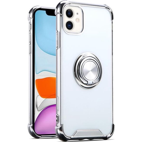 Ntech Hoesje Geschikt voor iPhone 12 hoesje silicone met ringhouder Back Cover case - Transparant/Zilver