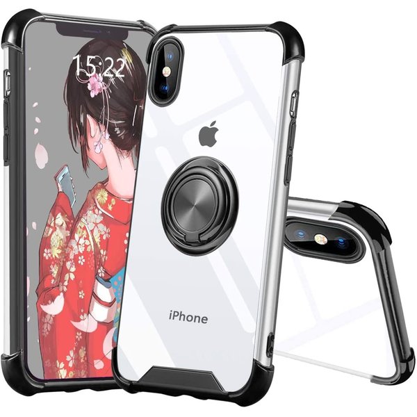 Ntech Hoesje Geschikt voor iPhone XR hoesje silicone met ringhouder Back Cover case - Transparant/Zwart