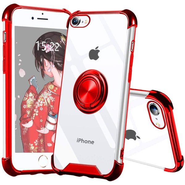 Ntech Hoesje Geschikt voor iPhone 8 hoesje silicone met ringhouder Back Cover case - Transparant/Rood