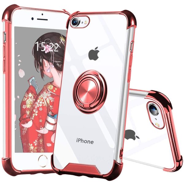 Ntech Hoesje Geschikt voor iPhone 7 Plus hoesje silicone met ringhouder Back Cover case - Transparant/Rosegoud
