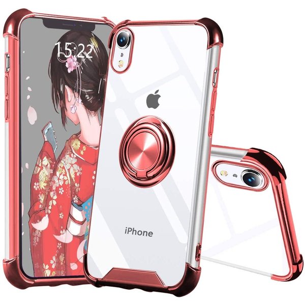 Ntech Hoesje Geschikt voor iPhone X hoesje silicone met ringhouder Back Cover case - Transparant/Rosegoud