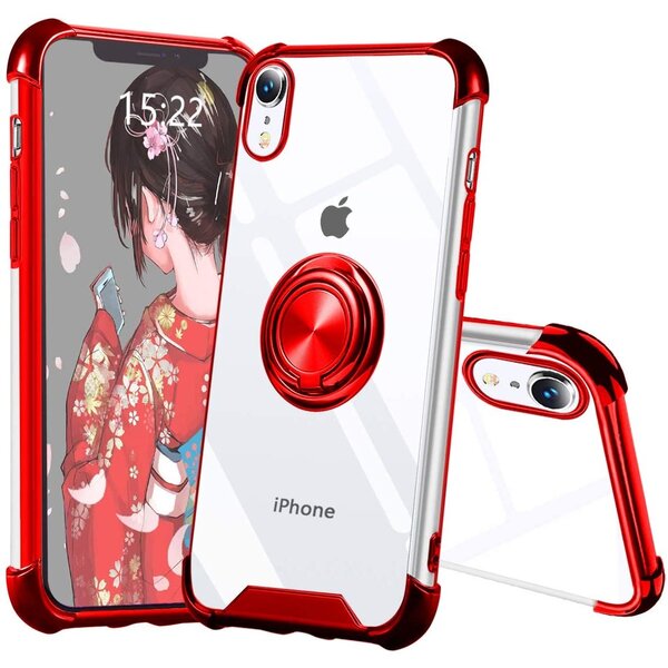 Ntech Hoesje Geschikt voor iPhone X hoesje silicone met ringhouder Back Cover case - Transparant/Rood