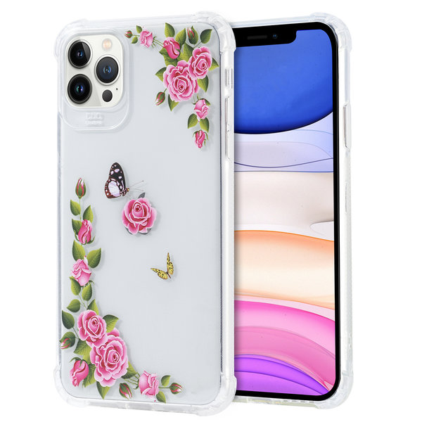 Ntech Siliconen Hoesje met bloemenprint  Geschikt voor iPhone 12 Pro Max Vlinders en rozen Transparant
