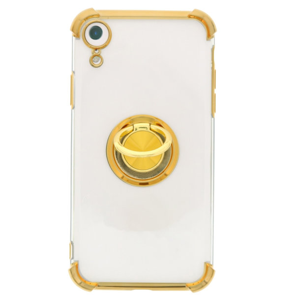 Ntech Hoesje Geschikt voor iPhone XR hoesje silicone met ringhouder Back Cover case - Transparant/Goud