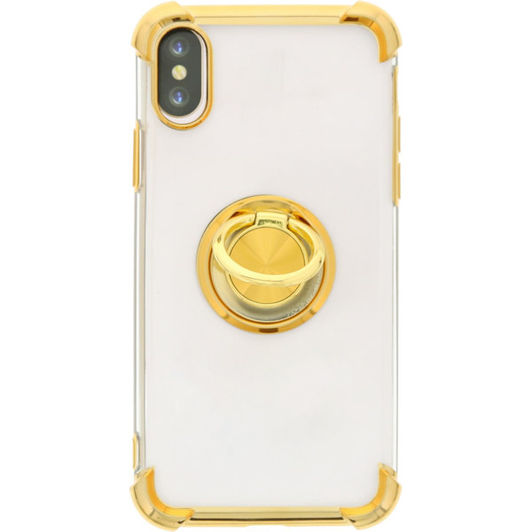 Ntech Hoesje Geschikt voor iPhone XS hoesje silicone met ringhouder Back Cover case - Transparant/Goud