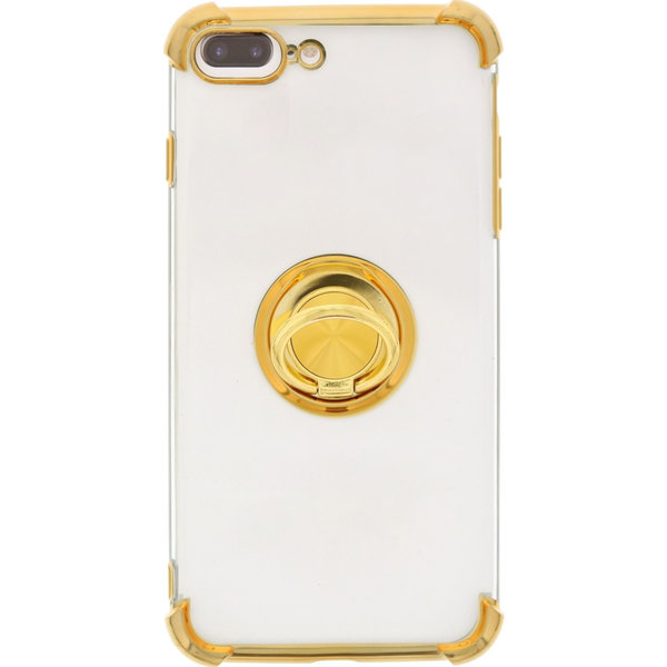 Ntech Hoesje Geschikt voor iPhone 8 Plus hoesje silicone met ringhouder Back Cover case - Transparant/Goud