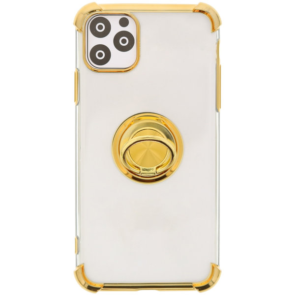 Ntech Hoesje Geschikt voor iPhone 12 Pro Max hoesje silicone met ringhouder Back Cover case - Transparant/Goud