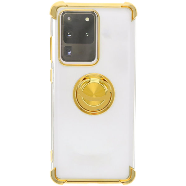 Ntech  Hoesje Geschikt Voor Samsung Galaxy S20 Ultra silicone hoesje met ringhouder en Goud metallic look