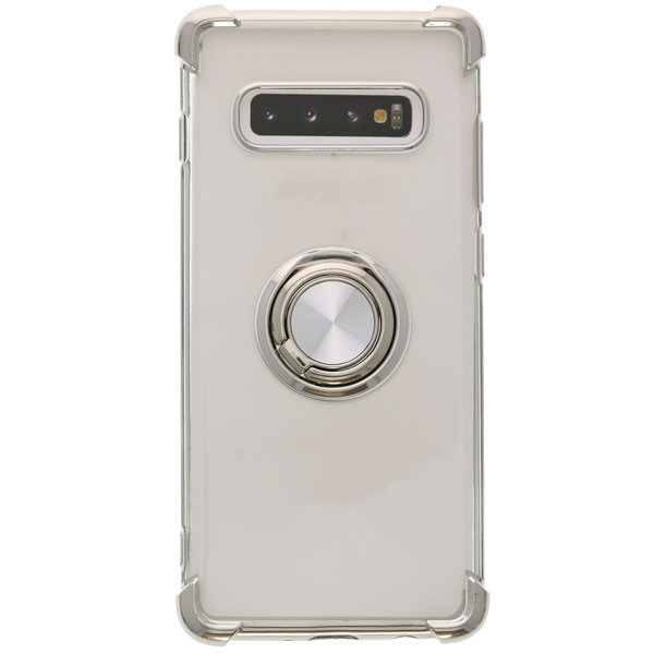 Ntech  Hoesje Geschikt Voor Samsung Galaxy S10 hoesje silicone met ringhouder Back Cover Case - Transparant/Zilver