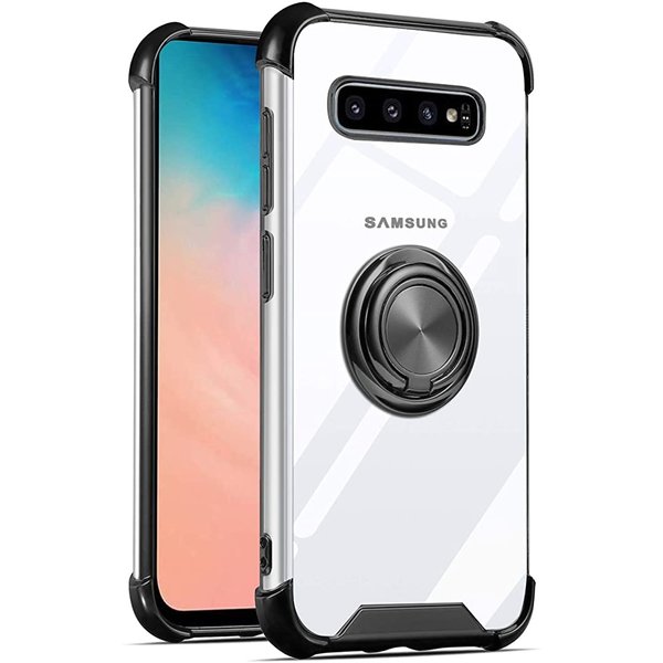 Ntech  Hoesje Geschikt Voor Samsung Galaxy S10 hoesje silicone met ringhouder Back Cover Case - Transparant/Zwart