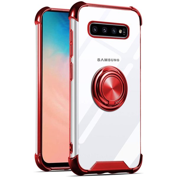 Ntech  Hoesje Geschikt Voor Samsung Galaxy S10 Plus hoesje silicone met ringhouder Back Cover Case - Transparant/Rood