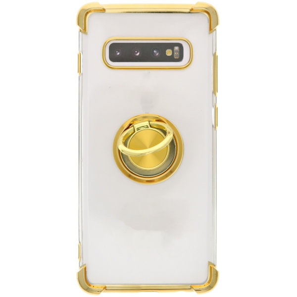 Ntech  Hoesje Geschikt Voor Samsung Galaxy S10 Plus hoesje silicone met ringhouder Back Cover Case - Transparant/Goud