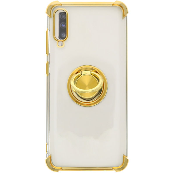 Ntech Hoesje Geschikt voor Huawei P Smart 2019 hoesje silicone met ringhouder Back Cover Case - Transparant/Goud