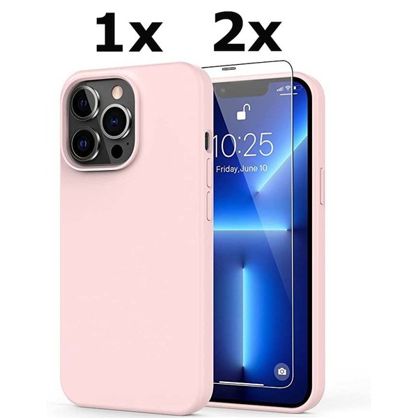 Ntech Hoesje Geschikt voor iPhone 13 Pro Soft Nano siliconen Gel Licht Roze Hoesje Met 2X Glazen screenprotector