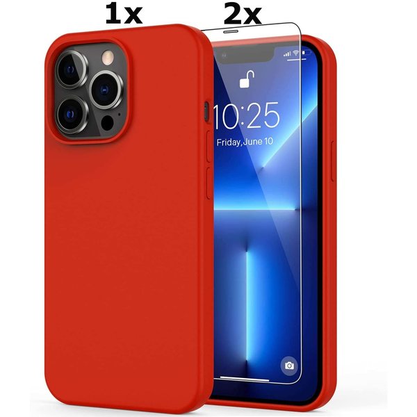 Ntech Hoesje Geschikt voor iPhone 13 Pro Soft Nano siliconen Gel Rood Hoesje Met 2X Glazen screenprotector