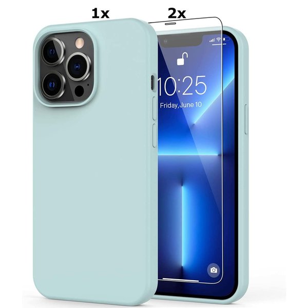 Ntech Hoesje Geschikt voor iPhone 13 Pro Soft Nano siliconen Gel Mint Groen Hoesje Met 2x Glazen screenprotector