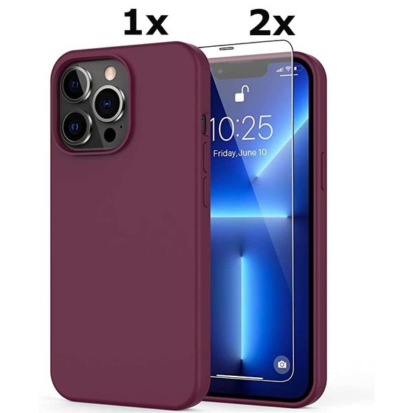 Ntech Hoesje Geschikt voor iPhone 13 Pro Max Soft Nano siliconen Gel Bordeaux Rood Hoesje Met 2X Glazen screenprotector